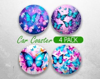 Holographic Butterflies Car Coaster PNG Colorful Butterfly Car Coaster Sublimation Designs Glitter Car Coaster Designs Car Coasters Bundle