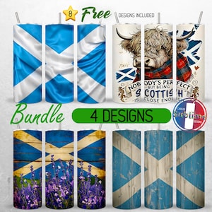 Könnte beinhalten: Ein Set mit vier 20-Unzen-Tumbler-Designs mit dem schottischen Banner in verschiedenen Stilen. Die Designs beinhalten eine blaue und weiße Flagge, eine Holzflagge, eine Flagge mit Lavendelblüten und einen Hochland-Rind mit schottischer Flagge.
