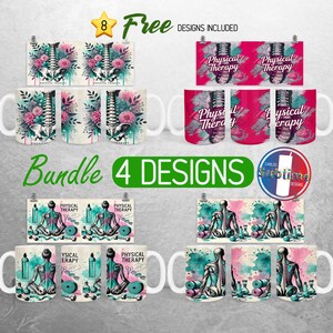 May include: A set of eight sublimation-ready mugs featuring four different designs related to physical therapy. The designs include a watercolour-style spine, a watercolour-style person doing physical therapy exercises, and a spine with flowers. The mugs are white with a black handle.