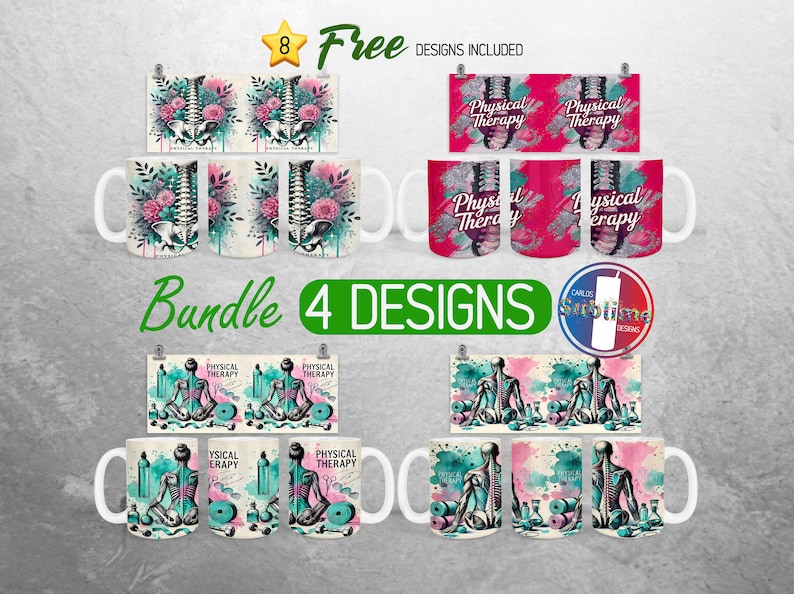 May include: A set of eight sublimation-ready mugs featuring four different designs related to physical therapy. The designs include a watercolour-style spine, a watercolour-style person doing physical therapy exercises, and a spine with flowers. The mugs are white with a black handle.