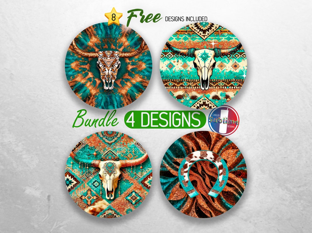 Country Western Car Coaster PNG Bundle Boho Cow Skull Coaster Png ...