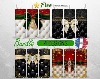 Christmas  Luxury Tumbler Wrap PNG Bundle, Jeweled Bow Tufted Leather 20oz Sublimation Designs, Instant Digital Download