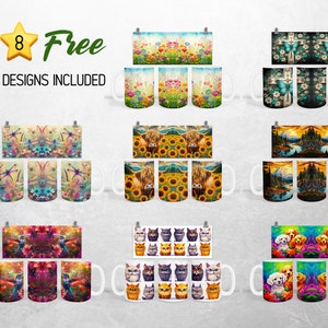Peut inclure: Huit motifs de tasses gratuits pr&eacute;sentant diff&eacute;rents motifs color&eacute;s. Les motifs comprennent des papillons, des fleurs, des vaches des Highlands, des montagnes, des chats et des chiens.