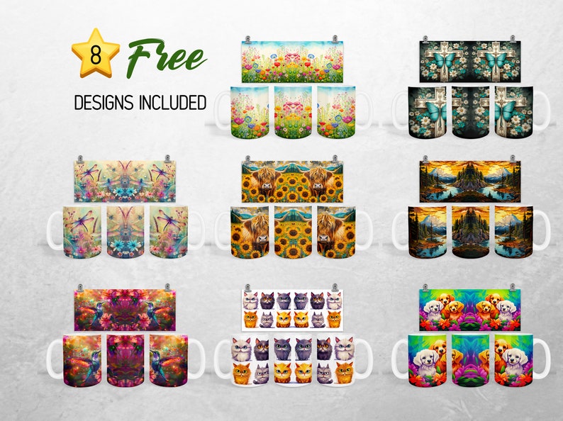 Peut inclure: Huit motifs de tasses gratuits pr&eacute;sentant diff&eacute;rents motifs color&eacute;s. Les motifs comprennent des papillons, des fleurs, des vaches des Highlands, des montagnes, des chats et des chiens.