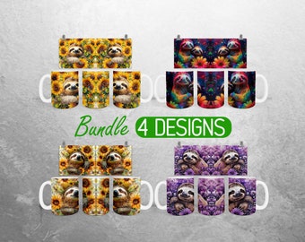 Sloth Sunflowers Mug Wrap PNG Floral Cute Sloth 11oz and 15oz Mug Sublimation Design Baby Sloth Mug Wrap Designs Full Mug Wrap Bundle PNG