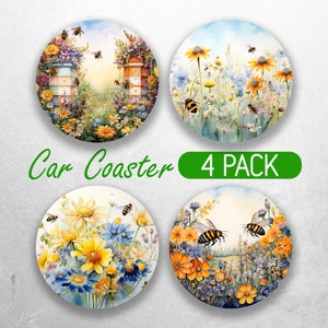 May include: Set of four car coasters featuring a watercolor painting of a field of wildflowers with bees. The coasters are round and have a white background.