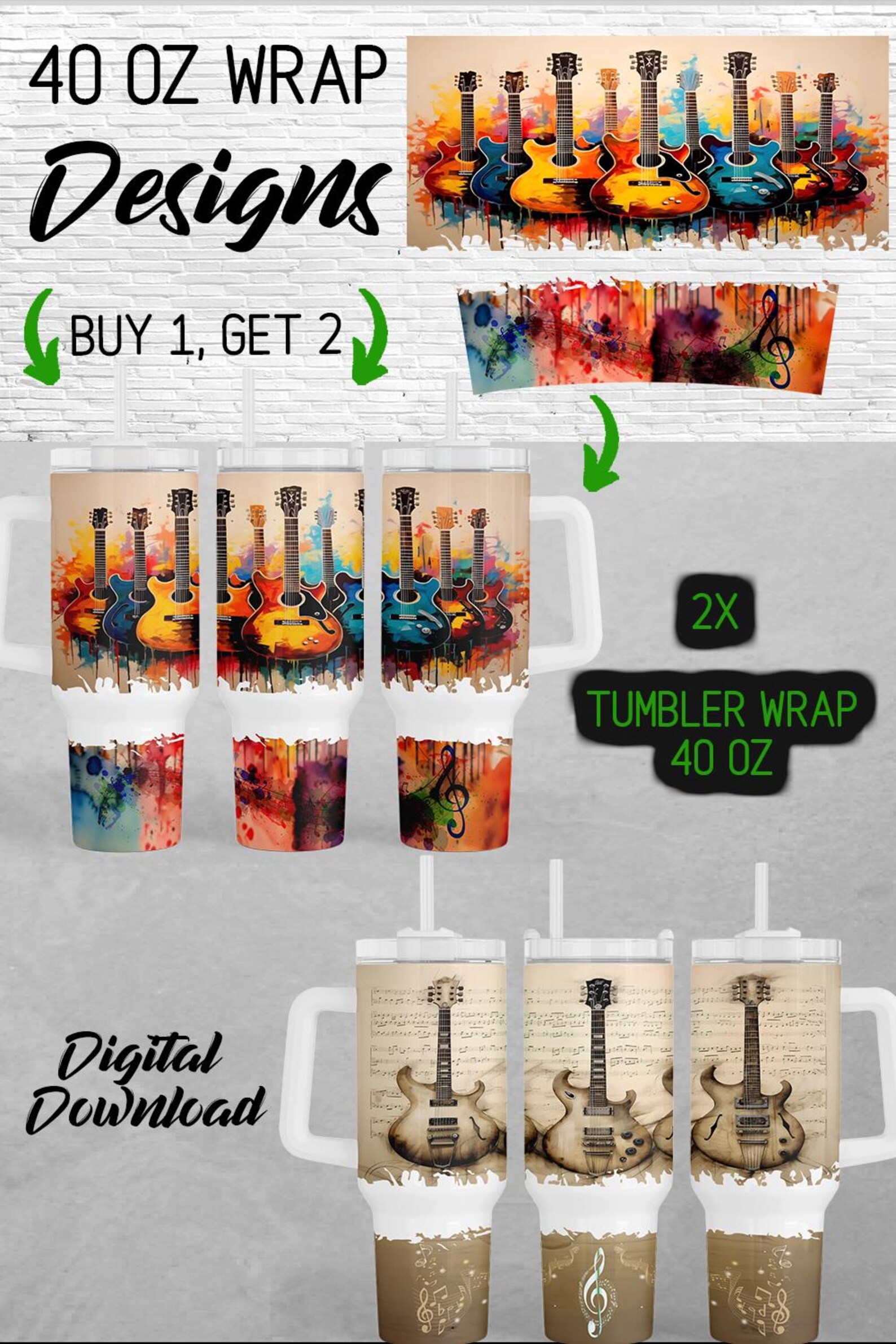 40oz Watercolor Guitar Tumbler Wrap 40oz Band Electric Guitar Tumbler ...