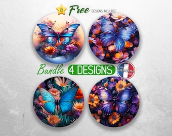 Colorful Butterfly Car Coaster PNG Bundle Floral Butterflies Coaster Png Sublimation Insect Flower Round Coasters PNG Designs Sublimation