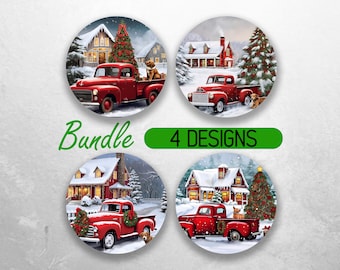 Car Coaster PNG Christmas Red Truck Car Coaster Sublimation Designs Dog White Christmas Car Coaster Bundle Car Coaster Designs