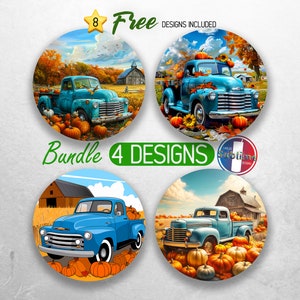 May include: Four designs of blue vintage pickup trucks with a bed full of pumpkins in a fall setting. The trucks are surrounded by pumpkins and fall leaves. The text "Bundle 4 Designs" is in green letters on a white background.