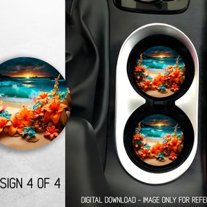 May include: Two round car coasters with a tropical beach scene. The coasters feature a sunset over the ocean with waves crashing on the shore. The foreground is filled with orange and blue flowers.