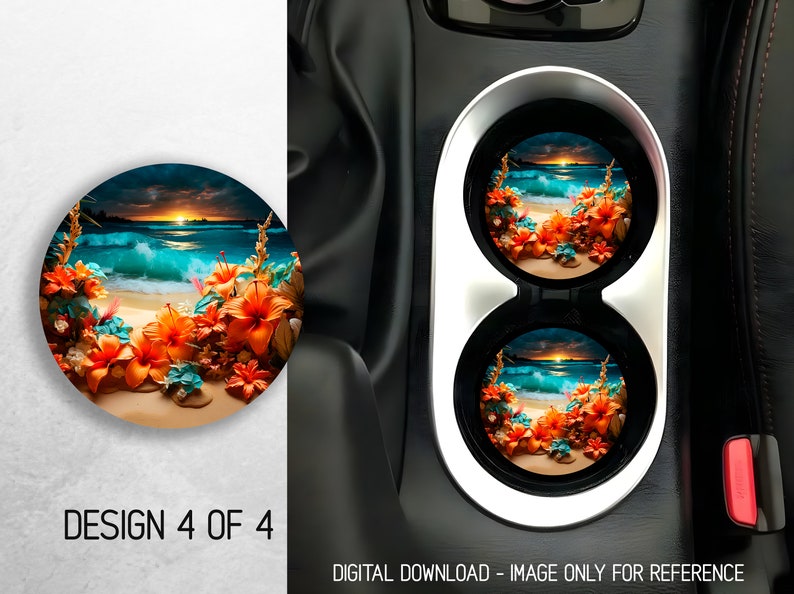 May include: Two round car coasters with a tropical beach scene. The coasters feature a sunset over the ocean with waves crashing on the shore. The foreground is filled with orange and blue flowers.