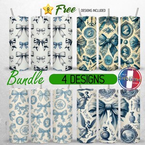 Confezione da 20 oz di tumbler con fiocco blu Coquette, tumbler Coquette Grand Millennial PNG, nastro femminile Toile de Jouy da 20 oz, design a sublimazione senza cuciture
