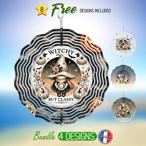 May include: A decorative wind spinner with a witchy gnome design, featuring pumpkins and the text "Witchy But Classy." The image includes three additional designs and the text "Free Designs Included."
