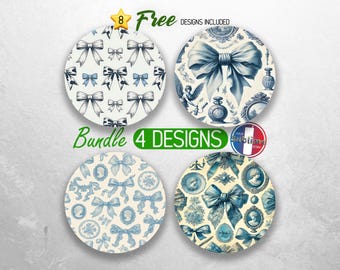 Blue Coquette Bow Car Coaster PNG Bundle Coquette Grand Millennial Car Coaster Sublimation Designs Toile de Jouy Girly Ribbon Coaster Design