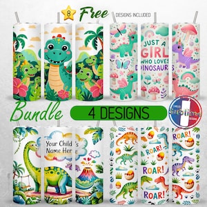 Kids Dinosaurs Tumbler Wrap 20oz Bundle Just a Girl Who Loves Dinosaurs Tumbler PNG 20oz Add Name Dino Seamless Sublimation Design