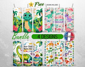 Kids Dinosaurs Tumbler Wrap 20oz Bundle Just a Girl Who Loves Dinosaurs Tumbler PNG 20oz Add Name Dino Seamless Sublimation Design