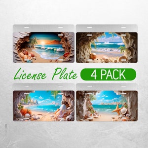 3D Cracked Wall Beach License Plate PNG Sea Shells License Plate Design Island Summer Car License Plate Sublimation License Plate Bundle