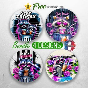 May include: Set of four round stickers featuring a cartoon raccoon wearing sunglasses and holding a drink. The raccoon is in front of a trash can and the text "Stay Trashy" is written on the sticker. The stickers are in different color schemes with pink, purple, blue, and black backgrounds.