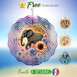 Boho Elephant Wind Spinner PNG Design Bundle Sunflower Mandala Windspinner PNG Sublimation Floral Animal Wind Spinner PNG