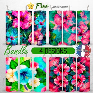 May include: A set of four sublimation designs featuring vibrant pink, blue, and green hibiscus flowers on a white background. The designs are perfect for creating custom tumblers, mugs, or other personalized items.