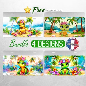 May include: A set of four colorful license plate designs featuring a cartoon turtle wearing a flower crown and surrounded by tropical plants. The designs are perfect for adding a touch of whimsy to your car.
