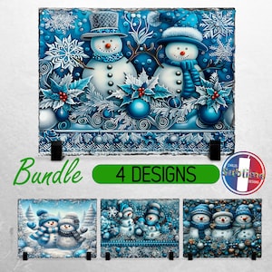 May include: A set of four winter-themed slate coasters featuring snowmen with blue accents and snowflakes. The coasters are made of natural slate and have a rustic look. The text "Bundle 4 Designs" is printed on a green banner.