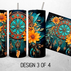May include: A teal and gold dreamcatcher with sunflowers and feathers on a dark blue background. This design is perfect for a tumbler or other drinkware.