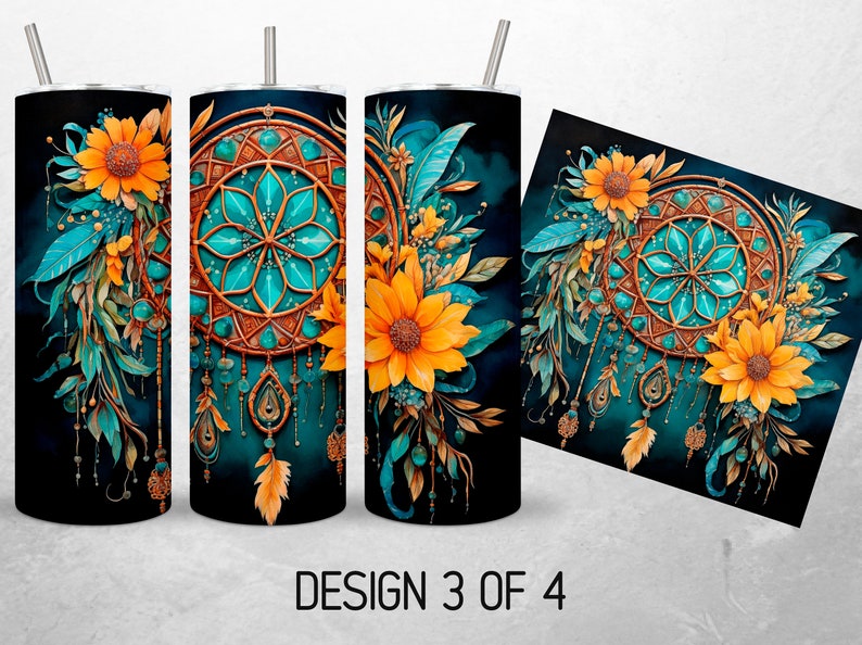 May include: A teal and gold dreamcatcher with sunflowers and feathers on a dark blue background. This design is perfect for a tumbler or other drinkware.