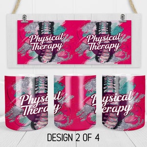 May include: Two white mugs with a pink, silver and teal design. The design features a stylised spine with the text "Physical Therapy".