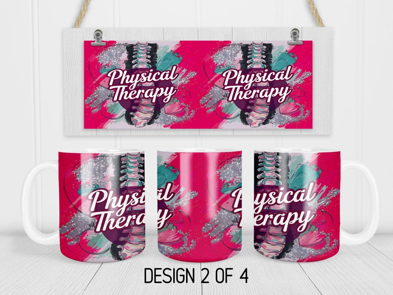 May include: Two white mugs with a pink, silver and teal design. The design features a stylised spine with the text "Physical Therapy".