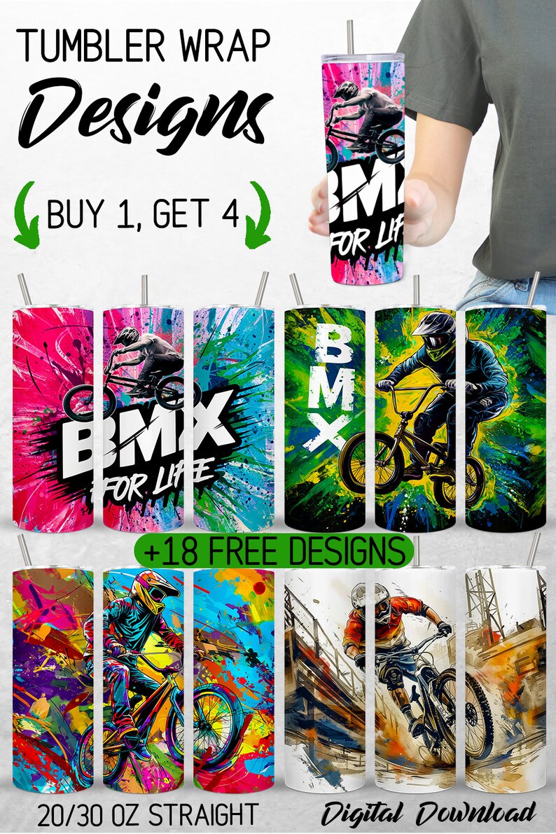 May include: Set of eight colorful 20/30 ounce straight tumblers with a BMX theme. The tumblers feature a variety of designs with a biker riding a BMX bike, colorful paint splatters, and the text "BMX for Life".