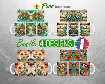 Western Flower Mug Wrap Bundle Western Mug PNG Design Rustic Cowgirl Southwest Full Mug Wrap | 11oz and 15oz Mug Sublimation