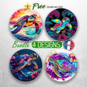Sea Turtle Car Coaster PNG Bundle Ocean Beach Coaster Png Sublimation Hibiscus Tropical Round Coasters PNG Designs Sublimation