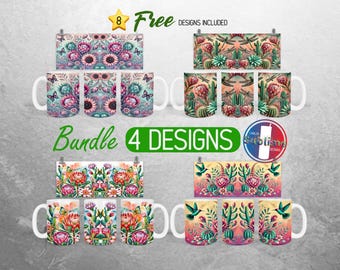 Könnte beinhalten: Ein Bundle mit 4 Sublimationsdesigns mit farbenfrohen Blumen- und Kaktusmustern. Die Designs sind auf weißen Tassen mit einem Stern und dem Text "8 Gratis Designs Inklusive" oben im Bild dargestellt. Der Text "Bundle 4 Designs" befindet sich in der Mitte des Bildes.