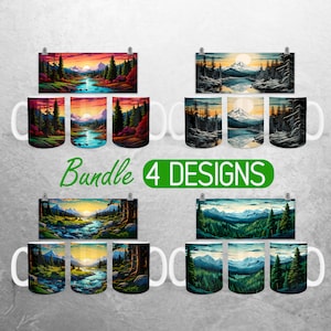 May include: Bundle of 4 mug designs featuring scenic landscape paintings. Each design features a different colour palette and composition of a mountain range, river, and trees. The text "Bundle 4 Designs" is printed in green on a white background.