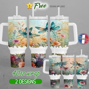 40oz Dragonflies & Wildflowers Tumbler Wrap 40oz Colorful Dragonfly Tumbler PNG 40oz Flowers Design 40oz Stanley Tumbler Handle Sublimation