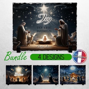 Peut inclure: Un ensemble de quatre décorations de Noël en ardoise représentant différentes scènes de la Nativité. La première décoration représente une étoile et le texte "Joy to the World" avec une représentation du bébé Jésus dans une crèche. La deuxième décoration représente le texte "Believe" avec une représentation du bébé Jésus dans une crèche. La troisième décoration représente une étoile et une représentation du bébé Jésus dans une crèche. La quatrième décoration représente une représentation du bébé Jésus dans une crèche avec une étoile et une lune en arrière-plan.