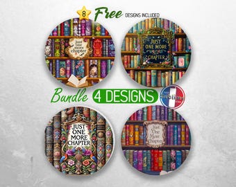 Book Lover Car Coaster PNG Bundle Just One More Chapter Coaster Png Sublimation Reading Round Coasters PNG Librarian Coasters Designs