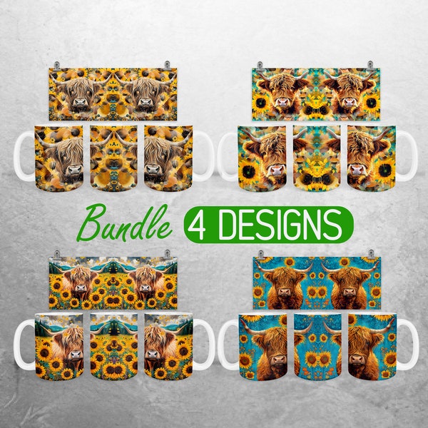 Highland Cow Sunflower Mug Wrap PNG Cute Highland Cow 11oz and 15oz Mug Sublimation Design Spring Mug Wrap Designs Full Mug Wrap Bundle PNG