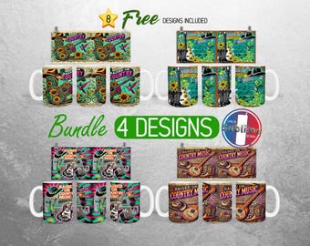 Paquete de tazas con diseño de vaquera del oeste, criada con música country, diseño PNG, taza rústica de granjero, envoltura completa para taza / Sublimación de tazas de 11 oz y 15 oz
