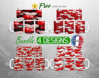 3D Valentinstag Herzen Mug Wrap Bundle Valentinstag Herzen Becher PNG Design Liebe Amor Voll Mug Wrap | 11 Unzen und 15 Unzen Becher Sublimation