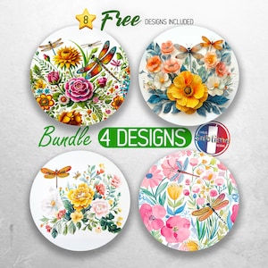 Boho Flowers Car Coaster PNG Bundle Dragonfly Coaster Png Sublimation Vintage Floral Round Coasters PNG Colorful Dragonflies Coasters Design