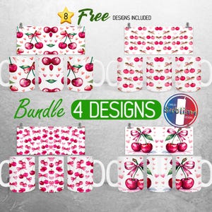 Coquette Ribbon Bow Mug Wrap Bundle Cherry Pink Mug PNG Design Girly Girl Full Mug Wrap | 11oz and 15oz Mug Sublimation