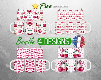 Coquette Ribbon Bow Mug Wrap Bundle Cherry Pink Mug PNG Design Girly Girl Full Mug Wrap | 11oz and 15oz Mug Sublimation