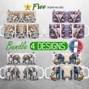 Embroidered Elephant Mug Wrap PNG Bundle Floral Baby Elephant 11oz and 15oz Mug Sublimation Design Mandala  Elephant Full Mug Wrap Designs
