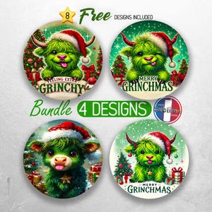 May include: Four round Christmas ornaments featuring a green, furry creature with a red Santa hat. The ornaments have different sayings, including "Feeling Extra Grinchy" and "Merry Grinchmas".