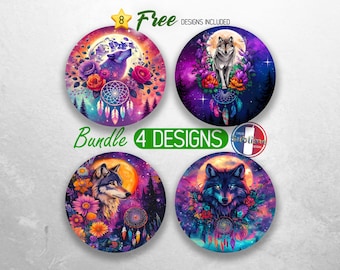 Pode incluir: Um conjunto de quatro designs redondos e coloridos com lobos, apanhadores de sonhos e flores. Os designs são perfeitos para projetos de sublimação, como canecas, copos e capas de telefone.