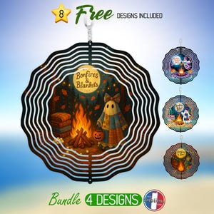 May include: A black and white metal wind spinner with a Halloween theme. The central design features a bonfire scene with a ghost character, the text "Bonfires & Blankets", and a pumpkin. Additional designs are included.