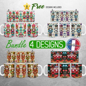 May include: A set of eight 11-ounce sublimation mugs featuring four different designs of nutcracker soldiers. The mugs are white with a glossy finish. The designs are colorful and feature a variety of nutcracker soldiers in different poses. The text "Bundle 4 Designs" is displayed in green letters on a white background. The text "8 Free Designs Included" is displayed in black letters on a white background.